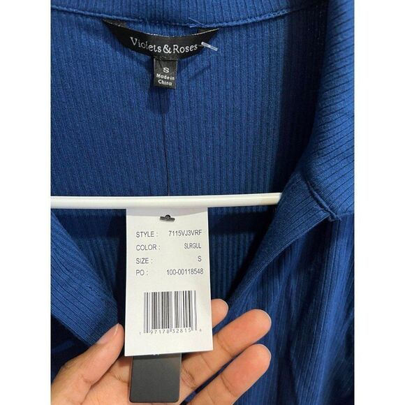 Violets & Roses NWT Blue Ribbed Knit Long Sleeve Bodysuit Fall Chic Minimalist - Picture 5 of 11